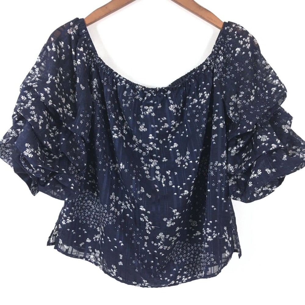 1.State Womens Top Small Blue Floral Off The Shoulder Chiffon Blouse Lined